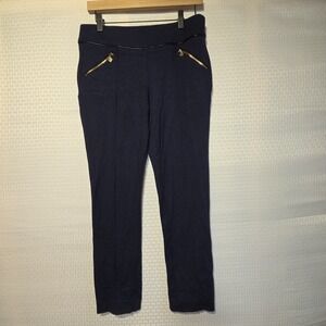 Anne Klein Women's Small Navy Micro-Check Pants Gold Zip Pockets Career Work